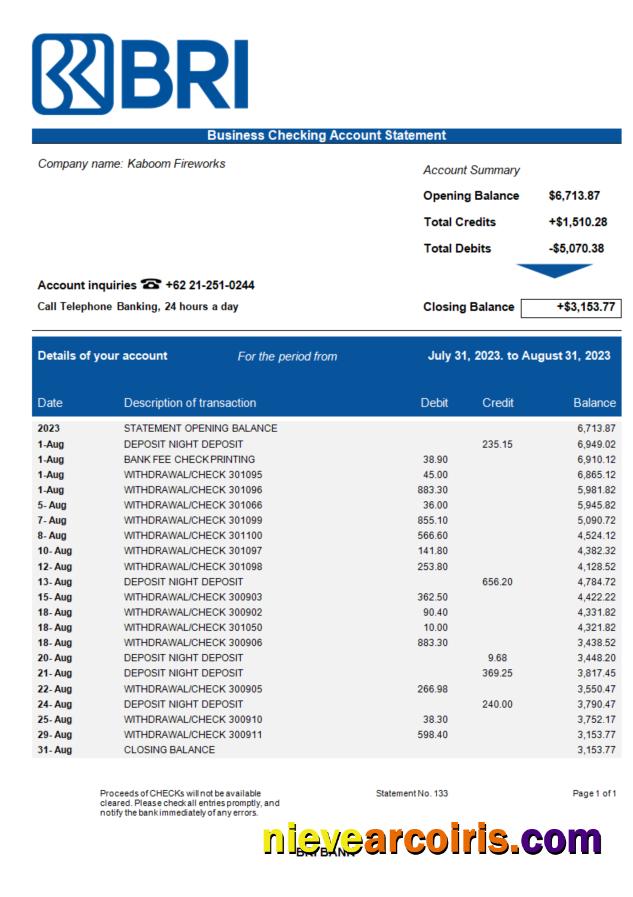 Bank BRI business bank statement